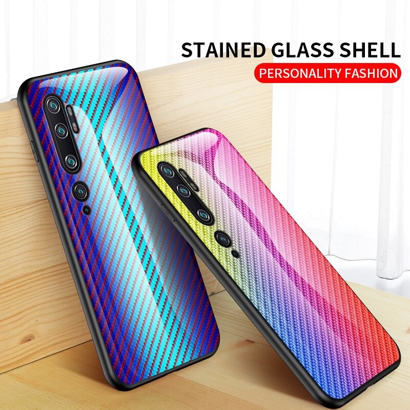 เคส Xiaomi Mi Note 10 Pro #เคสฝาหลัง Gradient Color ลายคาร์บอนไฟเบอร์ Carbon fiber texture Glass Hybrid Soft Silicone Cover