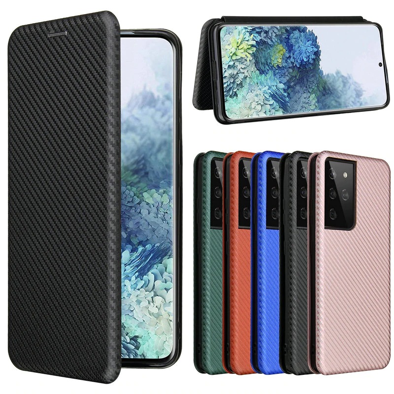 Case Samsung Galaxy S21 Ultra 5G #เคสฝาพับลายคาร์บอนไฟเบอร์มีช่องใส่การ์ด Carbon Fiber Wallet Card Slot Magnet Stand Phone Cover