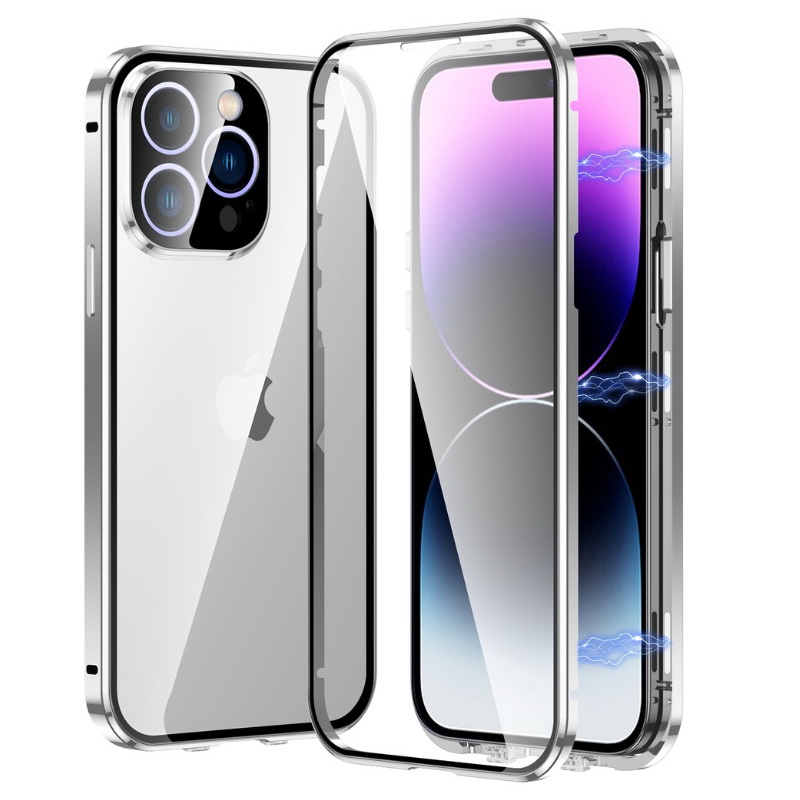 เคส iPhone 14#เคสกระจกขอบโลหะประกบแม่เหล็กหน้าหลังมีป้องกันเลนส์กล้อง Fully Protection Magnetic Adsorption Glass Metal Phone Protective Built-in Camera Protection