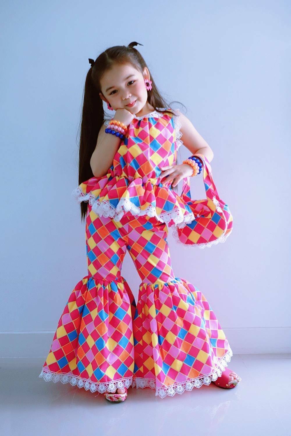 ชุดเด็กหญิง set กางเกงขาม้ากับเสื้อแขนกุดระบายสีสดใส