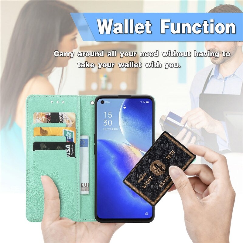 เคส OPPO Reno 5 Pro 5G #เคสฝาพับหนัง PU ผิวลายนูน Embossed Mandala Flower Leather Wallet