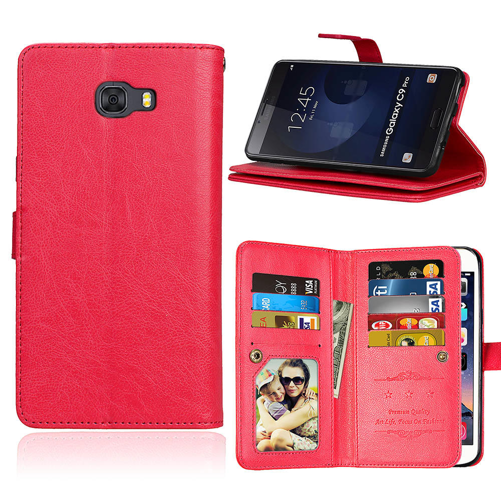 เคส Samsung Galaxy C9 Pro #เคสฝาพับผิวหนังม้าแบบกระเป๋าสตางค์ PU Folio มีช่องใส่บัตรถึง 9 ช่อง
