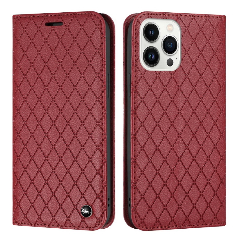 Case iPhone 14 Pro #เคสฝาพับหนัง Pu นิ่ม ฝาพับแม่เหล็ก ลายสี่เหลี่ยมข้าวหลามตัด พร้อมช่องใส่บัตร