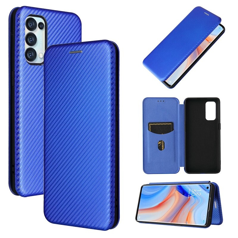 Case OPPO Reno 5 Pro 5G #เคสฝาพับลายคาร์บอนไฟเบอร์มีช่องใส่การ์ด Carbon Fiber Wallet Card Slot Magnet Stand Phone Cover