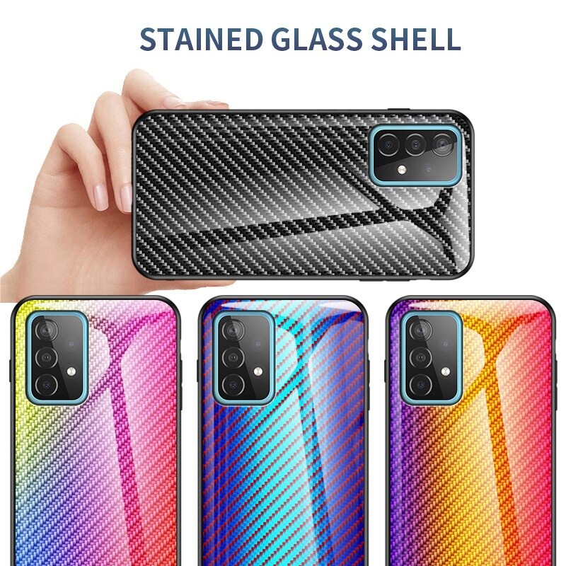 เคส Samsung Galaxy A72 / A72 5G #เคสฝาหลัง Gradient Color ลายคาร์บอนไฟเบอร์ Carbon fiber texture Glass Hybrid Soft Silicone Cover