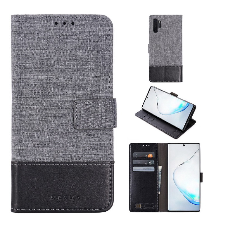 เคส Samsung Galaxy Note 10+ #เคสแบบฝาพับ MUXMA หนัง PU ออกแบบสีทูโทนตัดลายผ้า Canvas Splicing