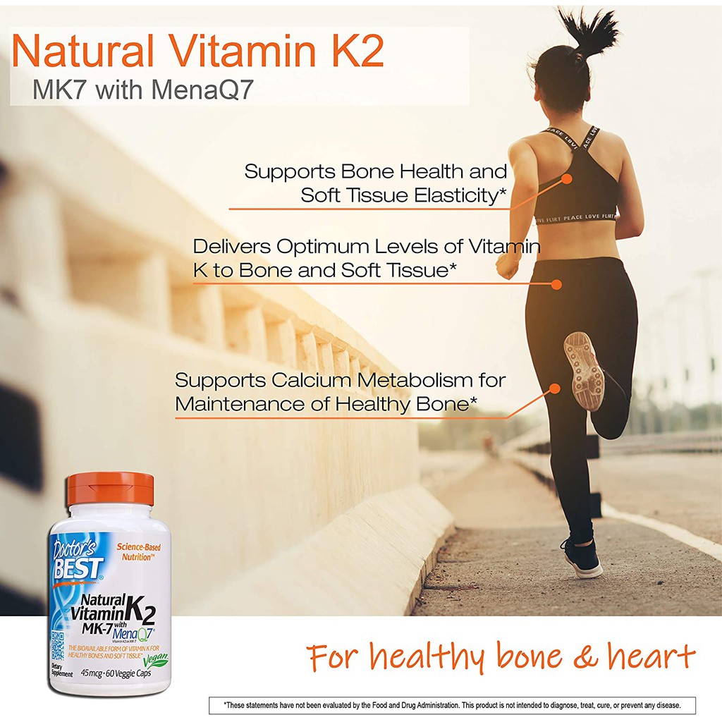 Doctor's Best® Natural Vitamin K2 MK-7 with MenaQ7 45 mcg 180 Veggie Caps วิตามินเค 2 บำรุงกระดูกและข้อ