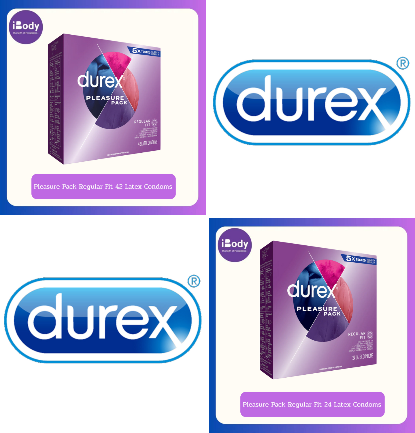 Durex® Pleasure Pack Regular Fit 24 or 42 Latex Condoms ถุงยางอนามัยน้ำยางธรรมชาติ 4 ชนิด ขนาด 56 mm