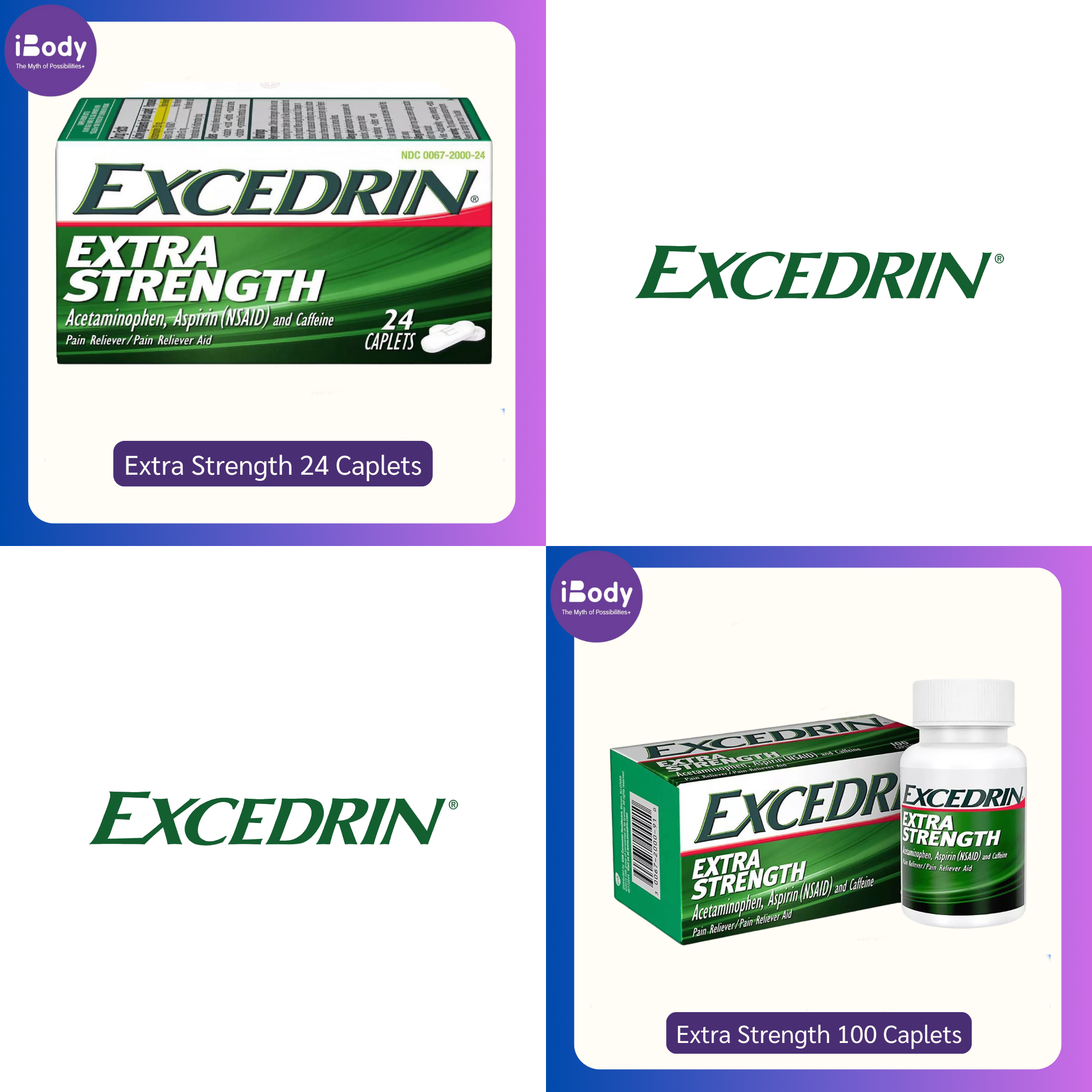 Excedrin Extra Strength 24 or 100 Caplets สีเขียว Headache relief starts in just 15 minutes