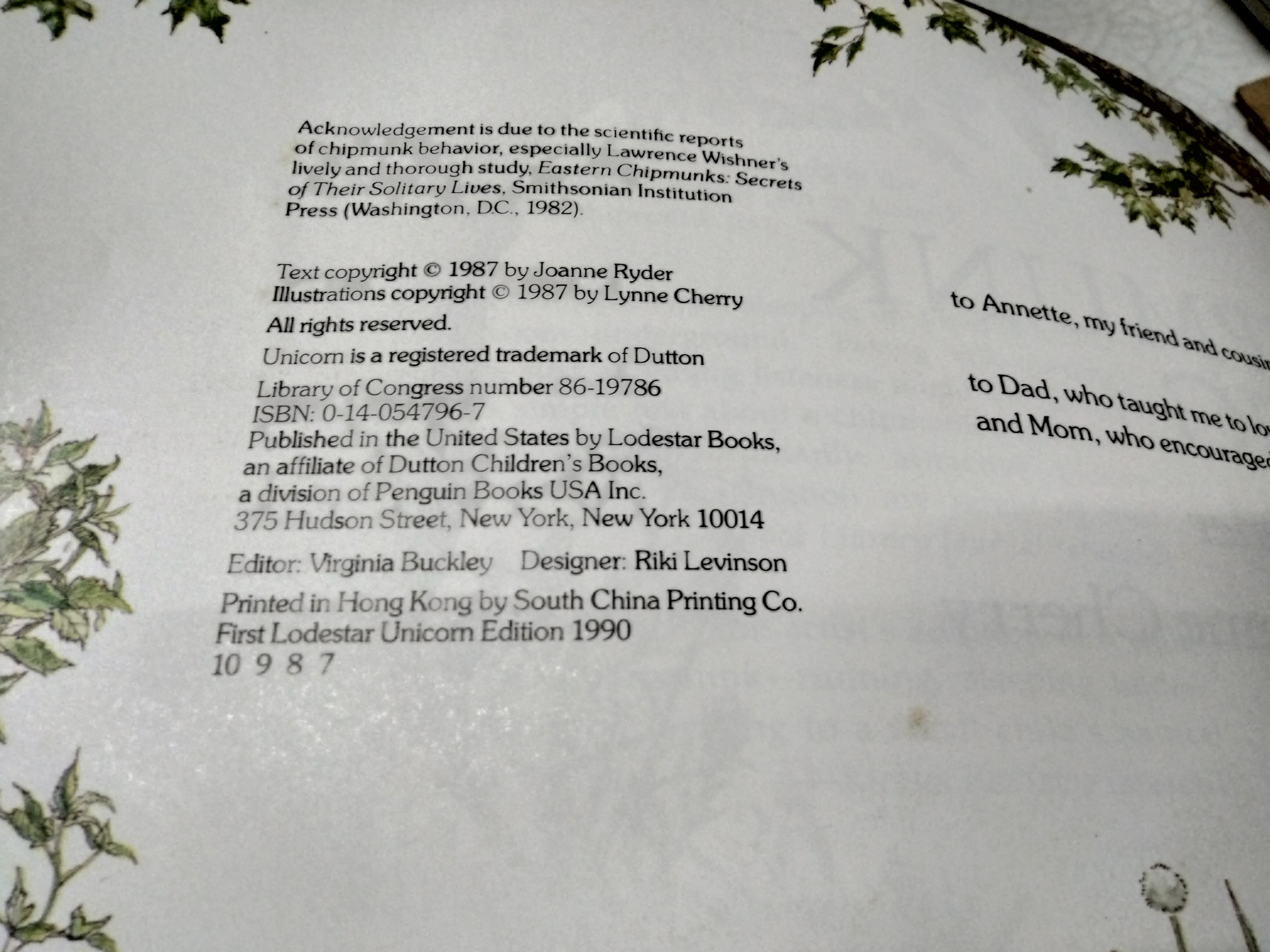 Chipmunk Song by Joanne Ryder Pictures by Lynne Cherry, 1990