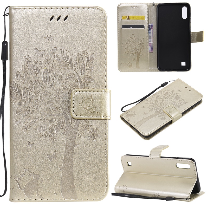 Case Samsung Galaxy A10 #เคสฝาพับหนัง PU พิมพ์ลาย Imprint Cat and Tree Pattern Leather Protection Cover