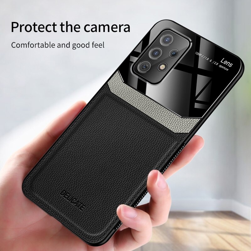 เคส Samsung Galaxy A53 5G #เคสฝาหลังไฮบริด PU +TPU + glass สีทูโทน Shockproof Leather Mirror Glass Silicone Phone Back Cover