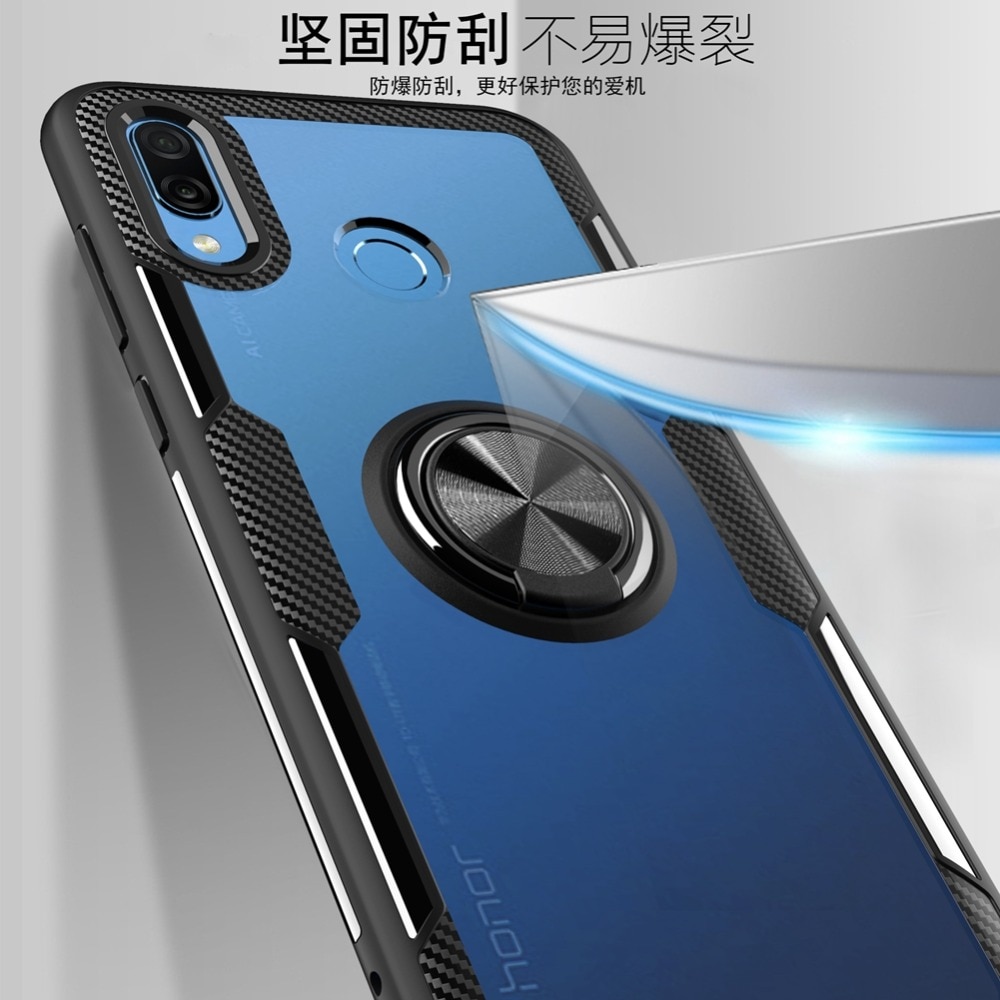 เคส Honor Play #เคสฝาหลังใสขอบสีมีแหวนสวมนิ้ว Finger Ring Kickstand TPU + Glass Combo Phone Case (Built-in Magnetic Metal Sheet)