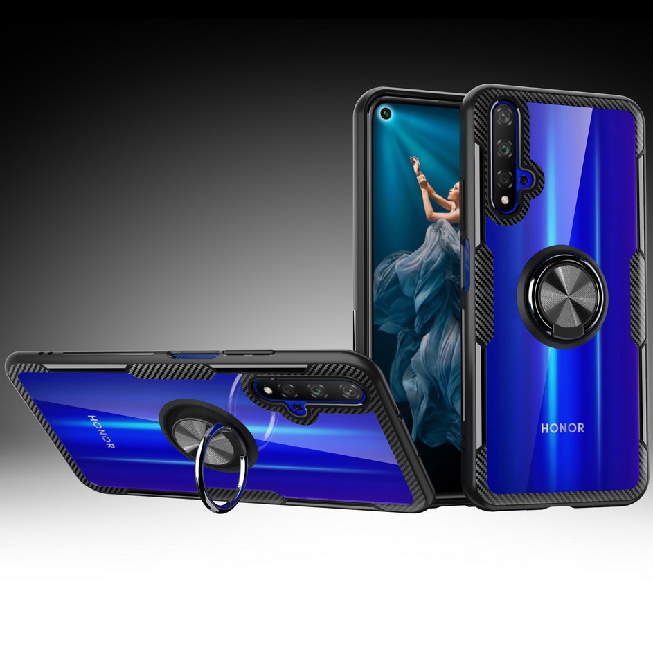 Case Huawei Nova 5T #เคสฝาหลังใสขอบทึบมีแหวนสวมนิ้วโลหะ TPU + PC