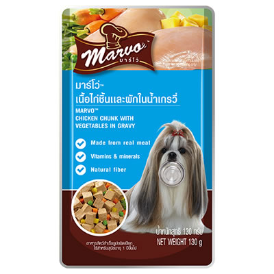 Marvo มาร์โว่เปียกซองฟ้า ไก่และผักน้ำเกรวี่