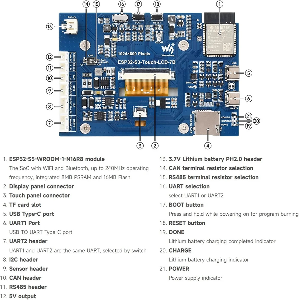 Waveshare ESP32-S3 7.0 นิ้ว 1024x600 LCD Development Board ESP32 จอแสดงผลหน้าจอสัมผัส LVGL GUI สําหรับ Arduino