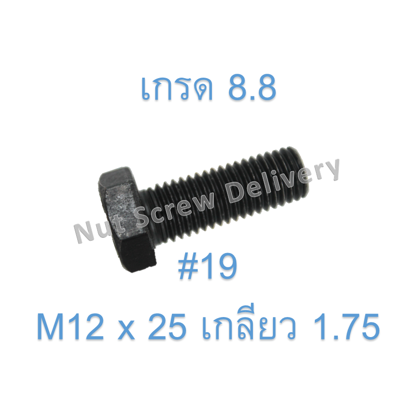 สกรูหัวเหลี่ยมมิลดำ M12 x 25 (เกลียว 1.75) ขอบ #19 เกรด 8.8