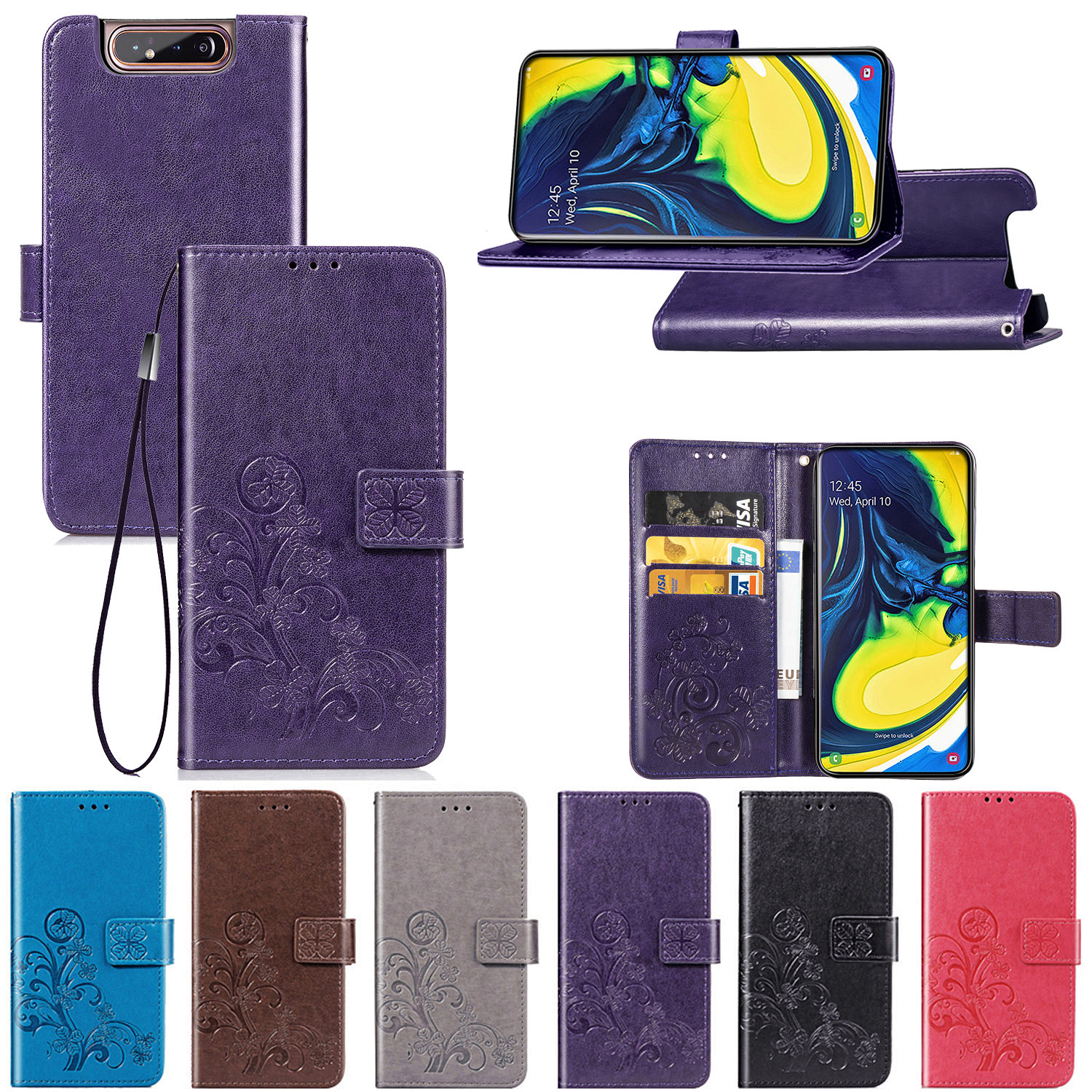 Case Samsung Galaxy A80 #เคสฝาพับมีช่องใส่บัตร Imprint Clover Pattern Leather Wallet