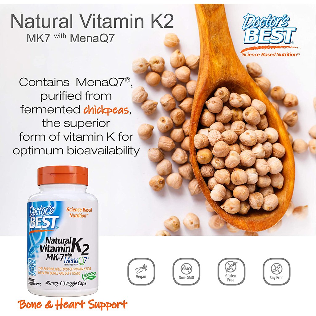 Doctor's Best® Natural Vitamin K2 MK-7 with MenaQ7 45 mcg 180 Veggie Caps วิตามินเค 2 บำรุงกระดูกและข้อ