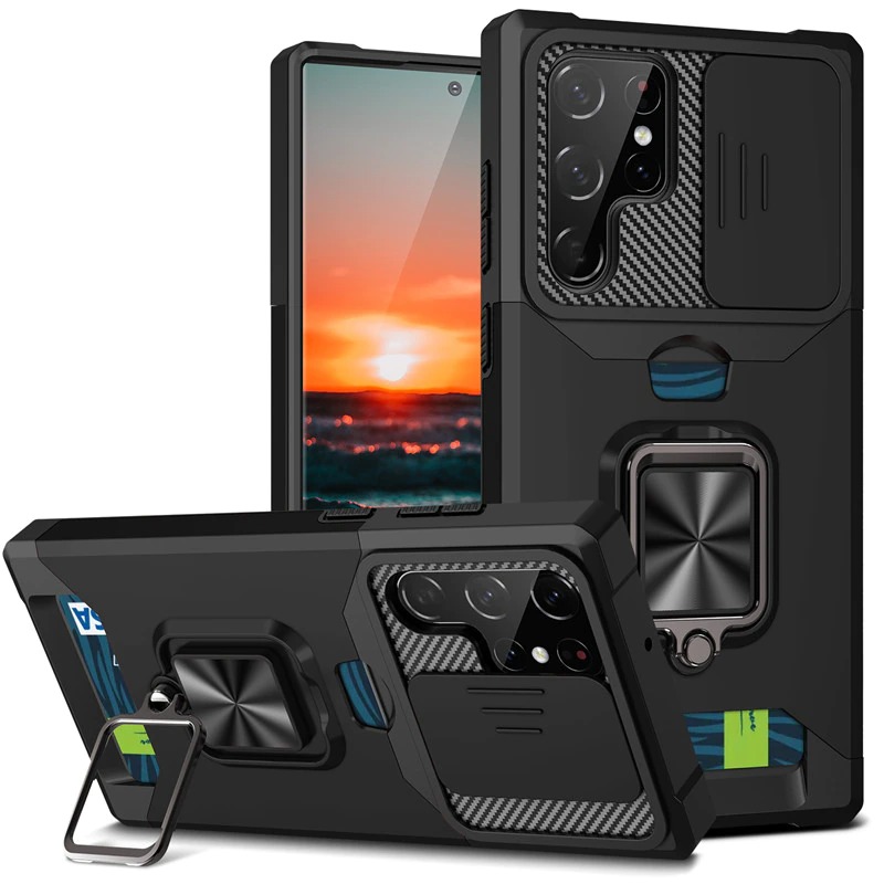 เคส Samsung Galaxy S22 Ultra 5G #เคสฝาหลังกันกระแทก Hybrid Case มัลติฟังก์ชั่นมีแหวนสวมนิ้วแผ่นสไลด์ปิดเลนส์กล้องได้
