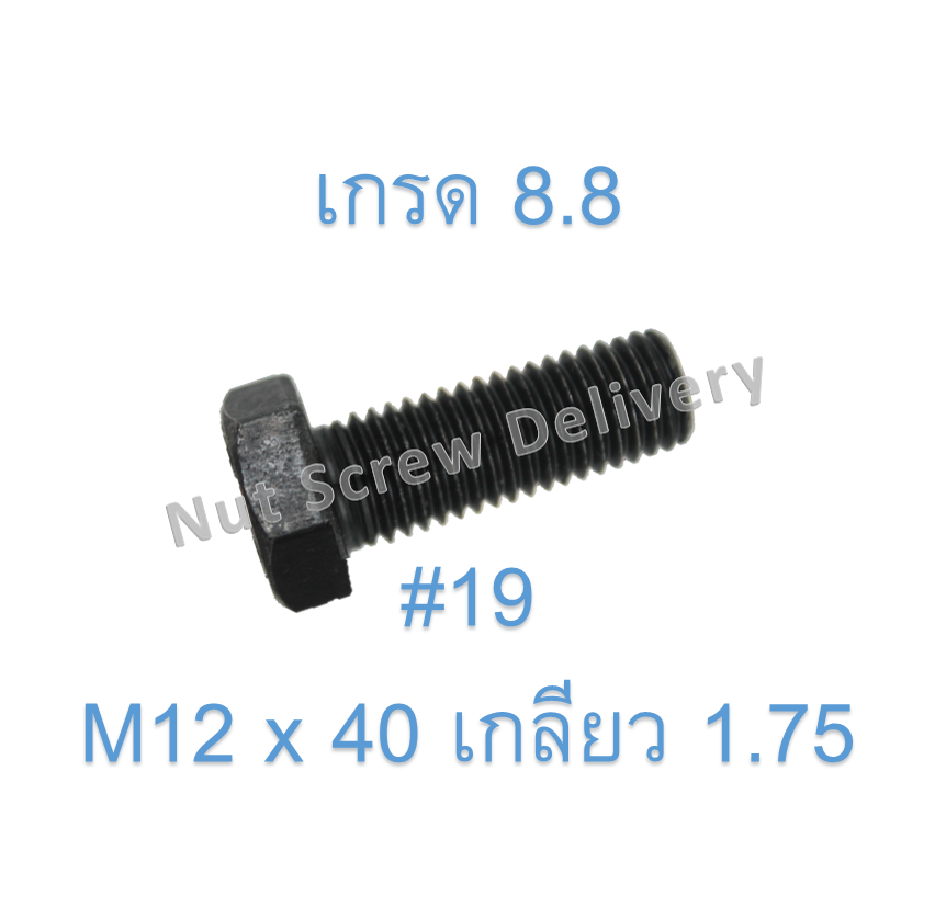 สกรูหัวเหลี่ยมมิลดำ M12 x 40 (เกลียว 1.75) ขอบ #19 เกรด 8.8