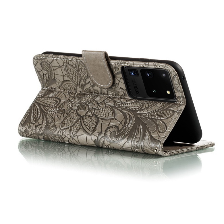 เคส Samsung Galaxy Note 20 Ultra / Note 20 Ultra 5G #เคสฝาพับแบบกระเป๋าสตางค์หนัง PU พิมพ์ลายดอกไม้ลูกไม้ Imprint Lace Flower