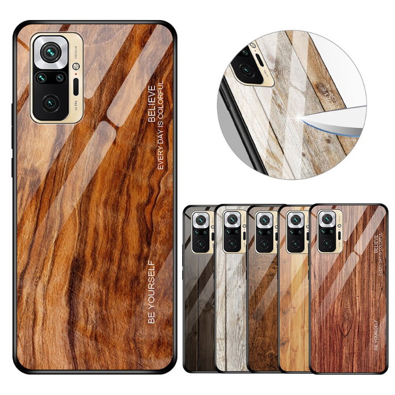 เคส Redmi note 10 Pro #เคสฝาหลังกระจกลายผิวไม้ Case Hard Tempered glass Wood grain protect Back Cover
