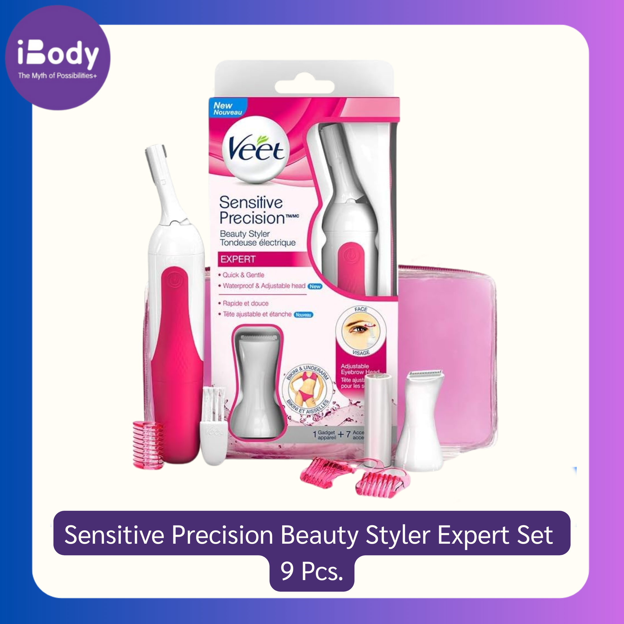 Veet® Sensitive Precision Beauty Styler Expert Set 9 Pcs. เครื่องกำจัดขนไฟฟ้า สำหรับการกำจัดขนใต้วงแขน คิ้ว และบิกินี่