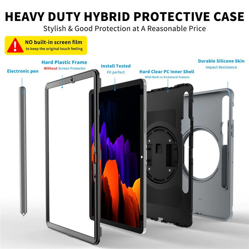 เคส Samsung Galaxy Tab S7 SM-T870 SM-T875 #เคสฝาหลังพลาสติกมีขาตั้งหมุนได้ 360° Swivel Kickstand PC + TPU Tablet Combo Shell with Hand Strap มีสายรัดมือ