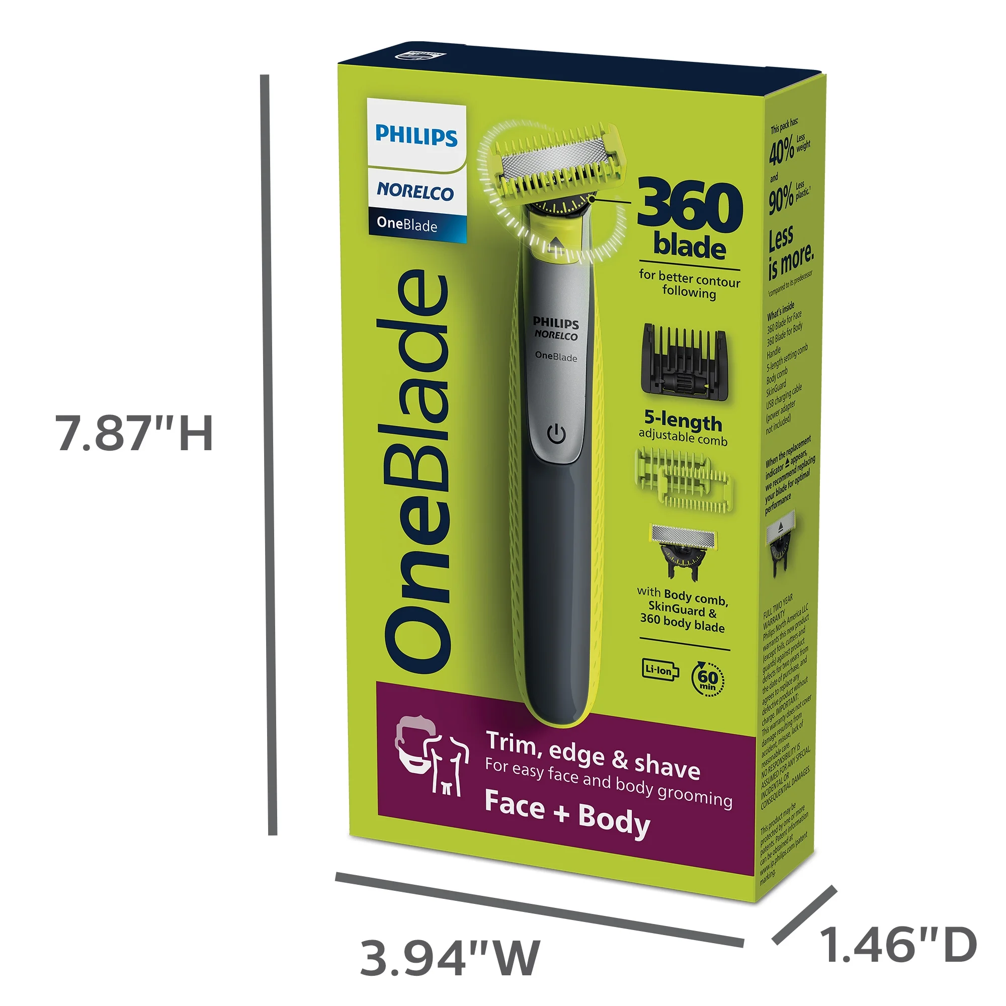 Philips® Norelco OneBlade 360 Face + Body Grooming Model QP2834/70 ชุดมีดโกน ใบหน้า + ร่างกาย