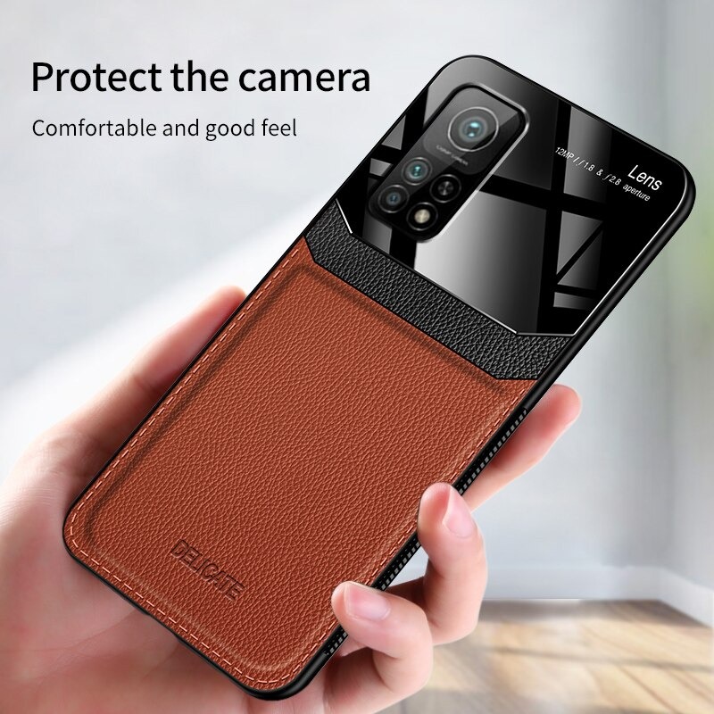 Case Xiaomi Mi 10T Pro #เคสฝาหลังไฮบริด PU +TPU + glass สีทูโทน Shockproof Leather Mirror Glass Silicone Phone Back Cover
