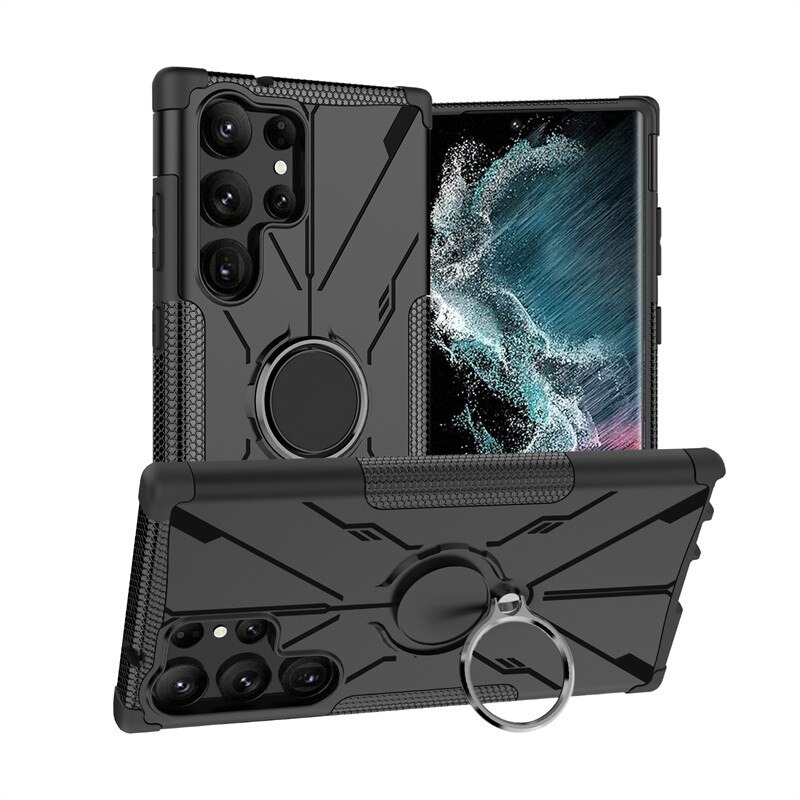 เคส Samsung Galaxy S22 Ultra 5G #เคสฝาหลังกันลื่น Luxury Hybrid Armor Shockproof Phone Case Car Magnetic Ring Holder Stand Cover มีแหวน