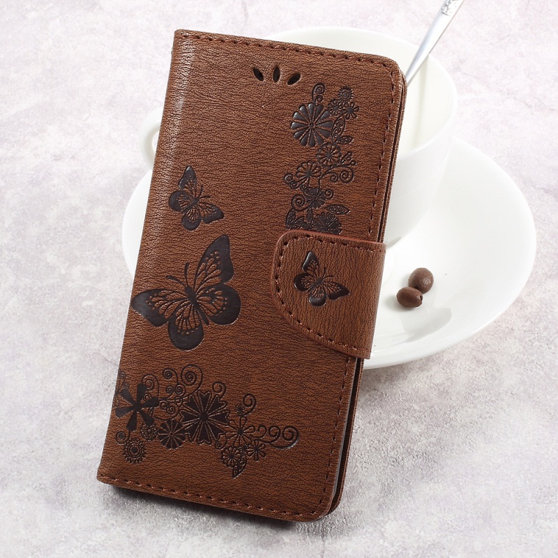 เคส Huawei P10 Plus เคสฝาพับสไตล์กระเป๋าสตางค์ใส่นามบัตรหนังปั้มลายดอกไม้ผีเสื้อ