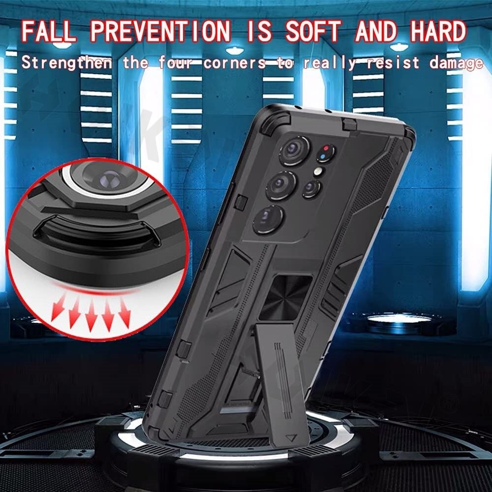 เคส Samsung Galaxy S22 Ultra 5G #เคสฝาหลังพลาสติก ไฮบริด TPU + Kickstand Case Armor Stlye TPU Soft Rubber