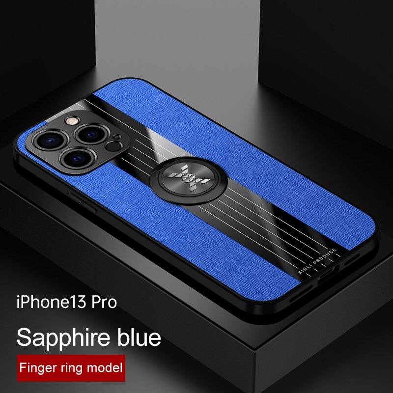 เคส iPhone 13 Pro #เคสฝาหลังเคลือบผ้าเนื้อมีแหวนสวมนิ้ว TPU ไฮบริด+อะคริลิ + แหวนโลหะ [ในตัวแผ่นโลหะแม่เหล็ก]