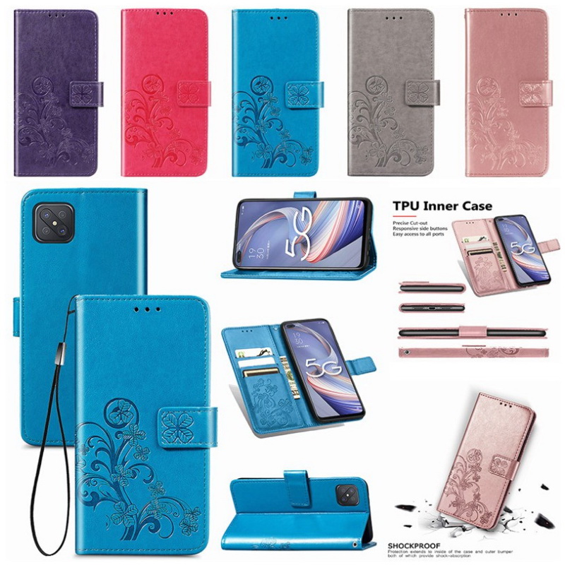 Case OPPO Reno 4 Z 5G #เคสแบบฝาพับมีช่องใส่บัตร Imprint Clover Pattern Leather Wallet