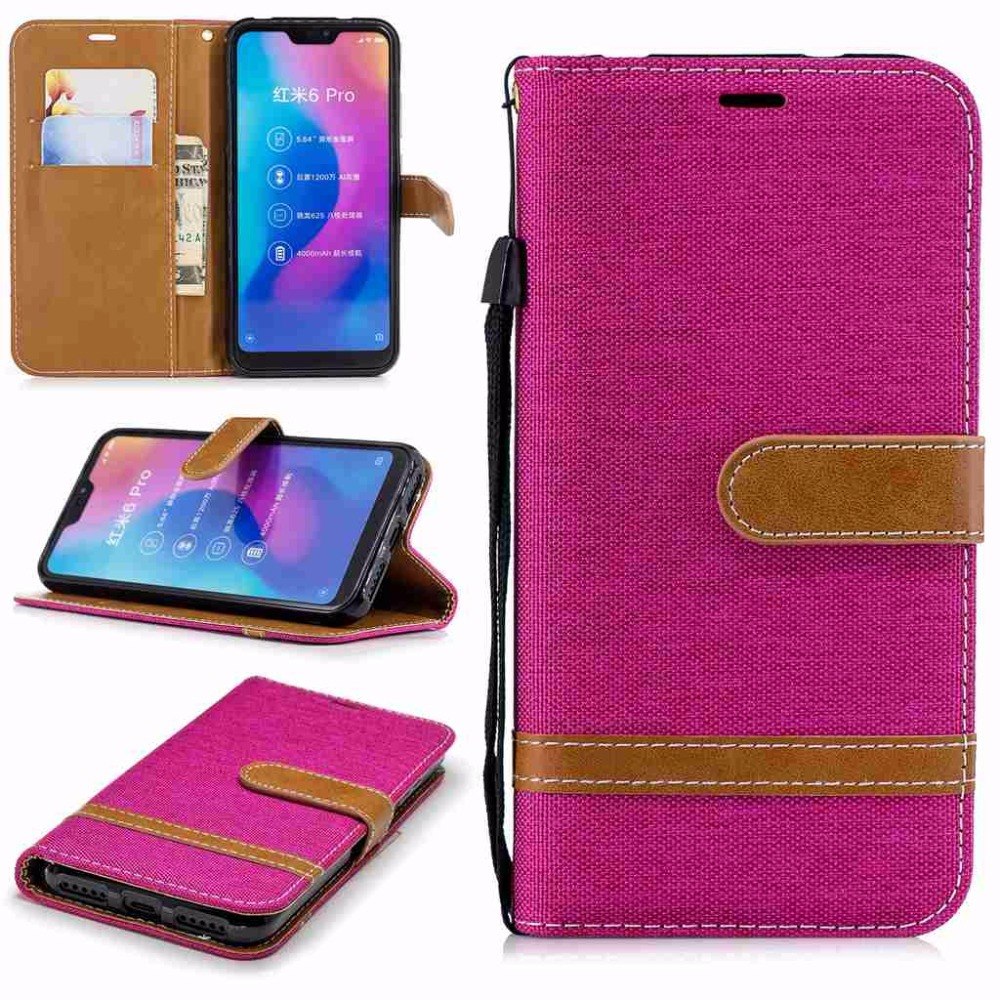 Case Xiaomi Redmi Note 6 Pro #เคสฝาพับหนัง PU พร้อมสายคล้องมือ สีสันสดใส Splicing Jean Cloth PU Leather