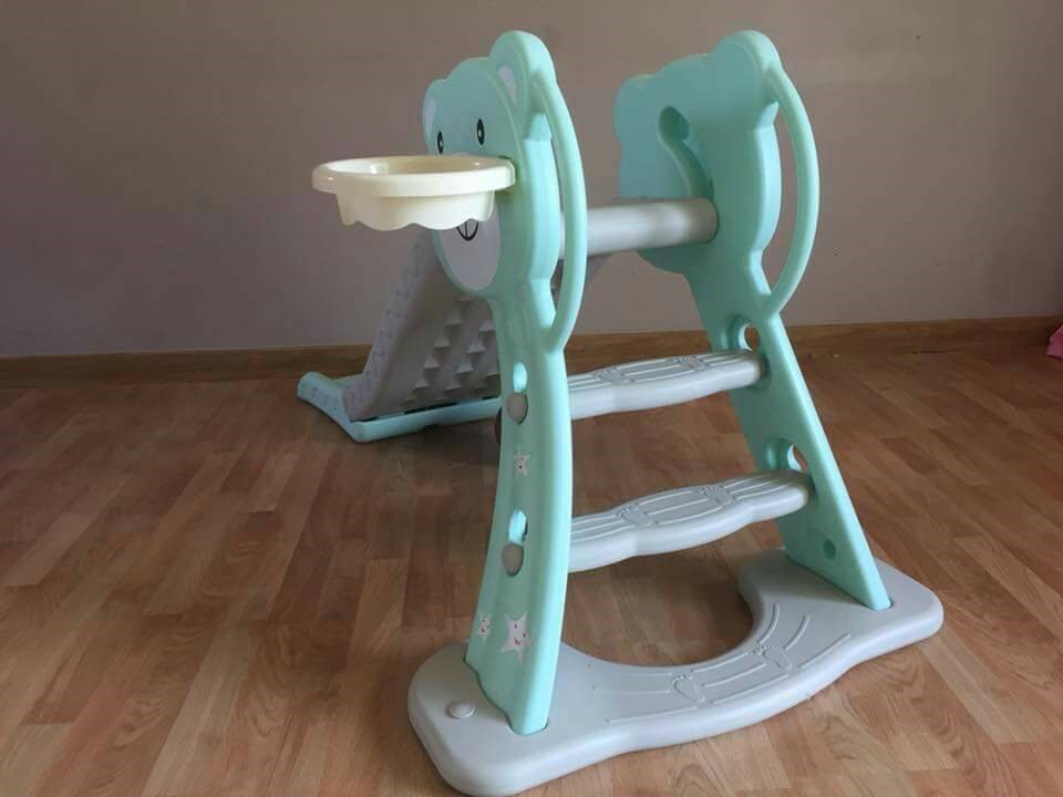 สไลเดอร์พร้อมแป้นบาสหมี สีเขียวพาสเทล