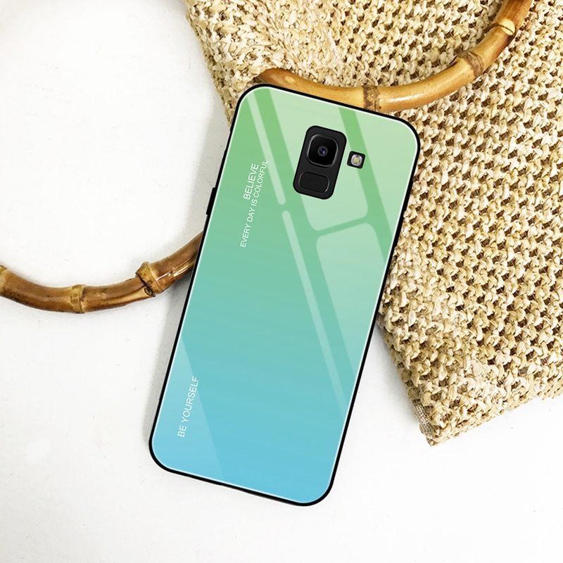 Case Samsung Galaxy A8+ (2018) #เคสฝาหลัง กระจกสีไล่โทนสี Glass + PC + TPU Hybrid Case