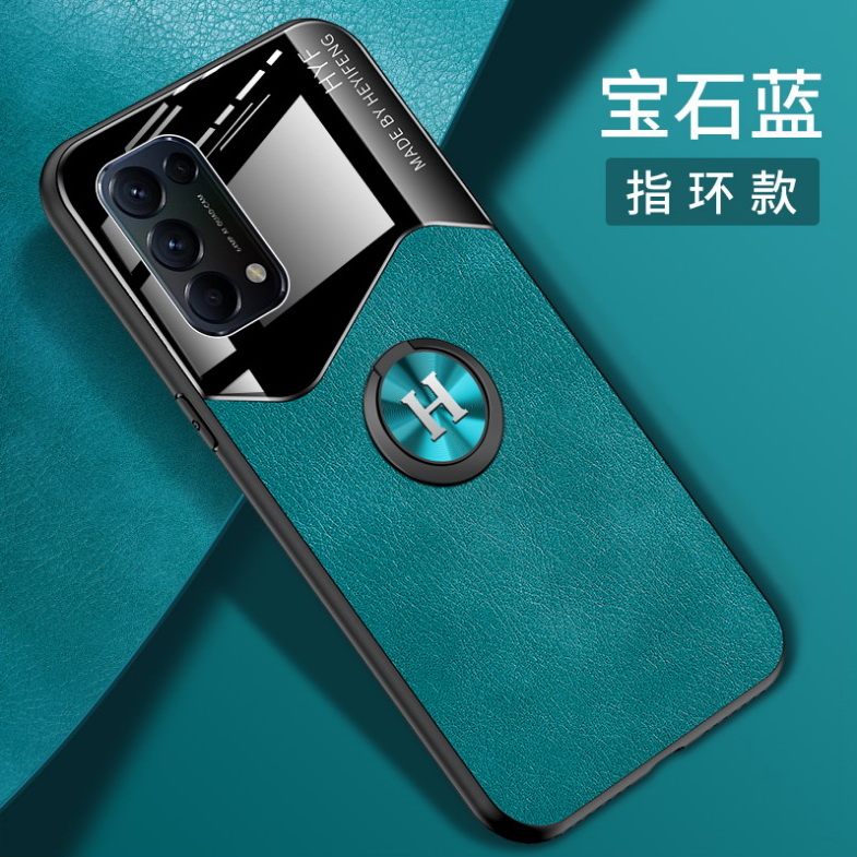 เคส OPPO Reno 5 5G #เคสฝาหลังไฮบริด PU +TPU + glass สีทูโทนมีแหวนสวมนิ้ว Shockproof Leather Mirror Glass Silicone Phone Back Cover