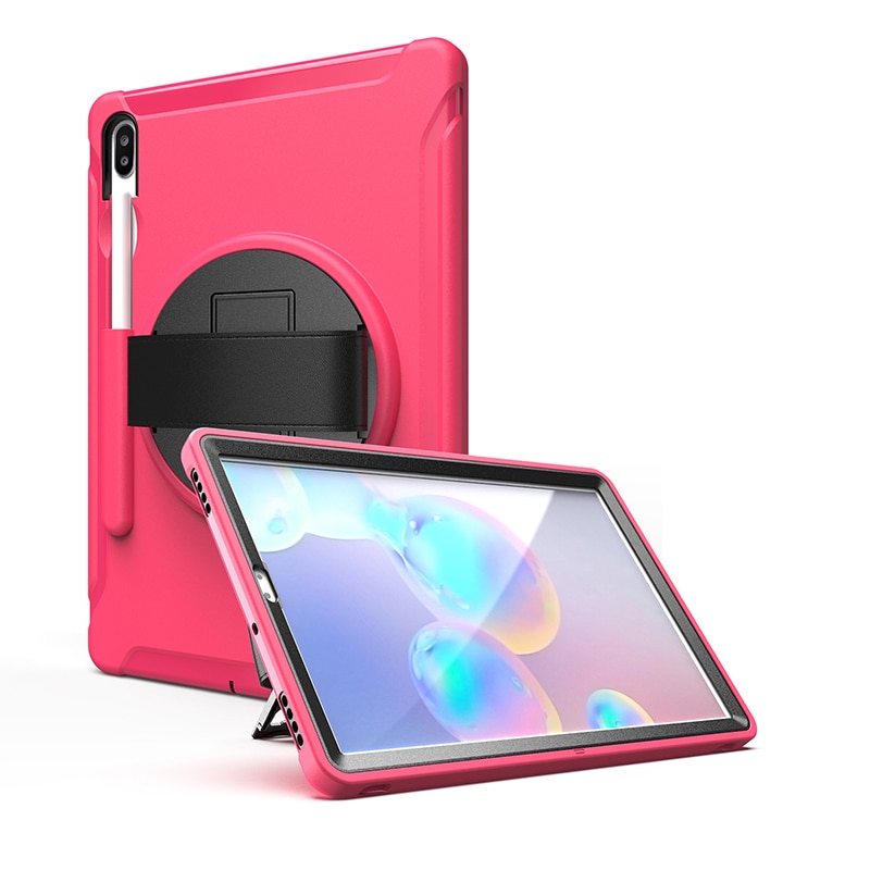 เคส Samsung Galaxy Tab S6 SM-T860 SM-T865 #เคสฝาหลังพลาสติกมีขาตั้งหมุนได้ 360° Swivel Kickstand PC + TPU Tablet Combo Shell with Hand Strap มีสายรัดมือ
