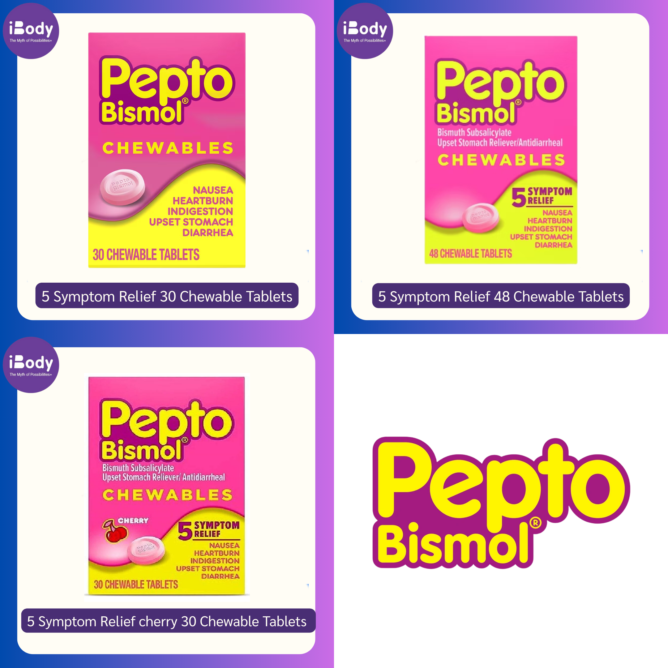 พรีออเดอร์ (Pre Order) Pepto Bismol® 5 Symptom Relief 30 or 48 Chewable Tablets อาหารเสริม แก้ท้องอืด ท้องเฟ้อ แบบเม็ดเคี้ยว