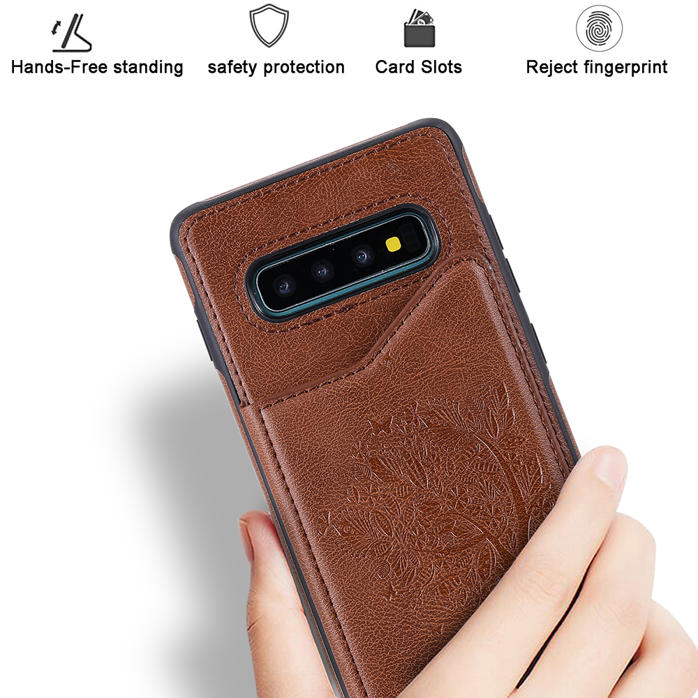 Case Samsung Galaxy S10 Plus #เคสฝาหลังไฮบริดผิวเคลือบหนัง PU พร้อมช่องเสียบการ์ดลายแมวและต้นไม้