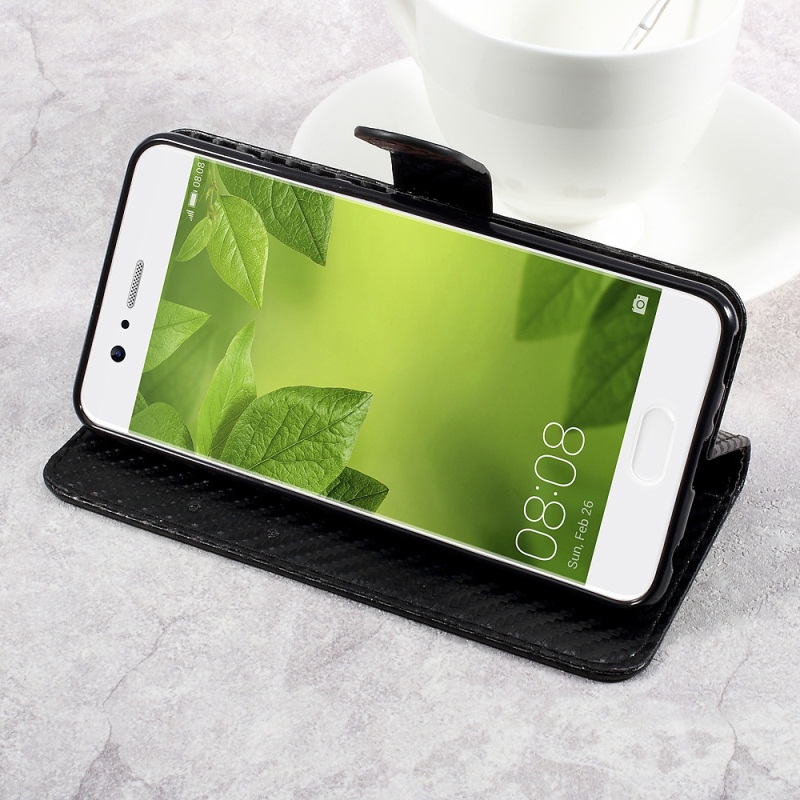 Case Huawei P10 Plus #เคสหนังคาร์บอนไฟเบอร์ ฝาพับมีช่องใส่นามบัตร