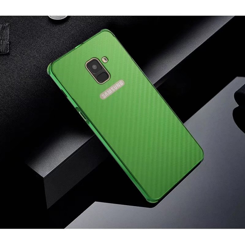 เคส Samsung Galaxy A8+ (2018) #เคสกรอบโลหะแบบ Electroplated + ฝาหลังพลาสติก พื้นผิวคาร์บอนไฟเบอร์เลื่อยสไลด์
