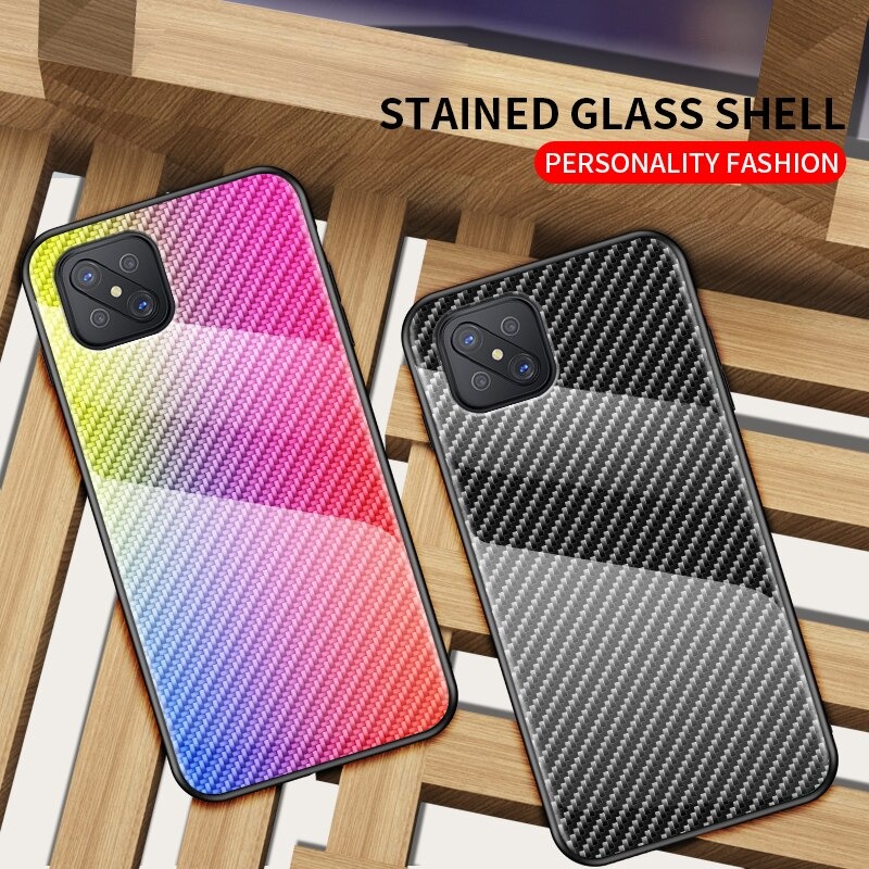 เคส OPPO Reno 4Z 5G #เคสฝาหลัง Gradient Color ลายคาร์บอนไฟเบอร์ Carbon fiber texture Glass Hybrid Soft Silicone Cover