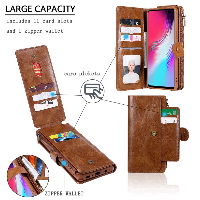 Case Samsung Galaxy S10+ #เคสฝาพับแบบแยกส่วนสไตล์กระเป๋าสตางค์มีช่องใส่บัตรหลายช่อง Multi-slot Zippered Luxury Flip Stand Card Leather Wallet Cover Separable Case Cover