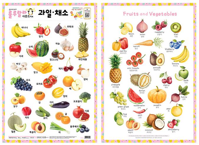 โปสเตอร์สี่สีอักษรเกาหลีหมวดผักและผลไม้ ออกเสียงได้ พูดได้ 새샘 룰루랄라 사운드 벽보 과일채소 Color Korean Language Speaking/Audio Poster: Fruits & Vegetables
