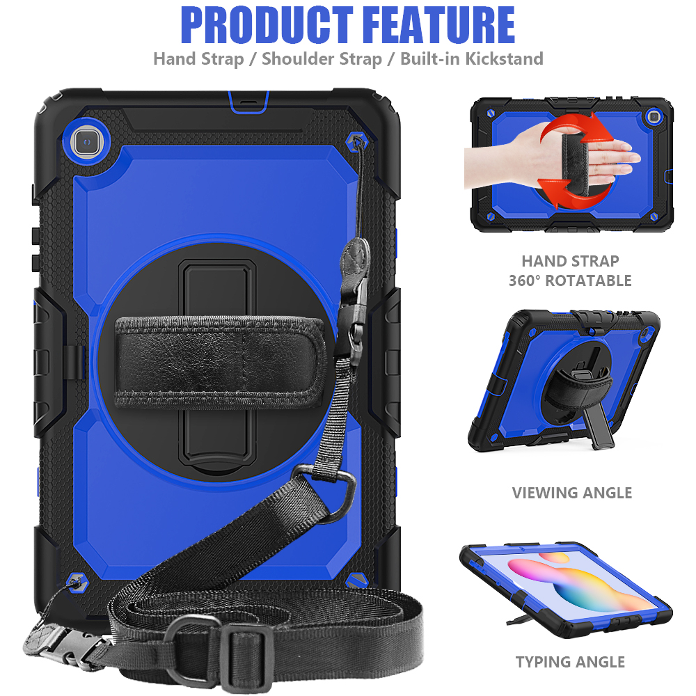เคส Samsung Galaxy Tab S6 Lite 10.4 SM-P610 P615 P617 #เคสฝาหลังมีสายรัดสวมมือ มีสายคล้องไหล่ 3 Layer Silicon Plastic Stand cover with strap
