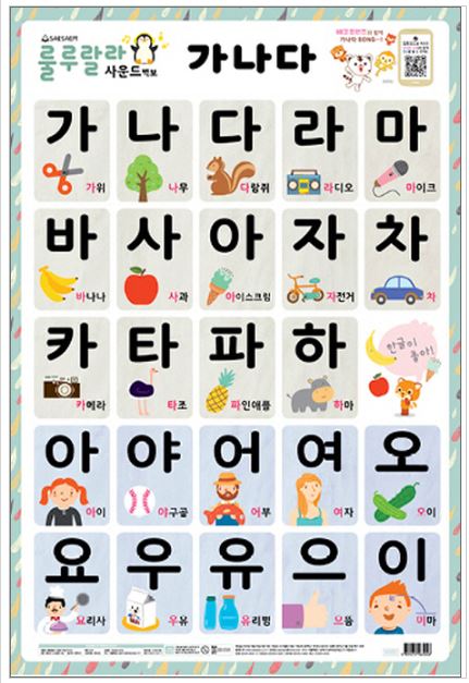 โปสเตอร์สี่สีอักษรเกาหลีหมวดอักษรเกาหลี ออกเสียงได้ พูดได้ 룰루랄라 사운드 벽보(양면벽보): 가나다 Color Korean Language Speaking/Audio Poster-Korean Characters